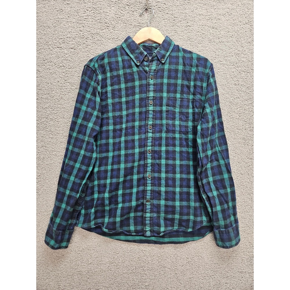 Lands End Flannel Shirt Medium Green Blue Buffalo Check Plaid Tailored Fit